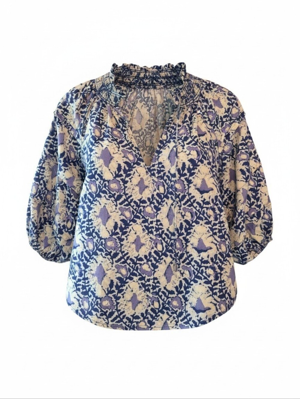 Free People Willow Printed Boho Smocked Puff Sleeve Top Blouse Size S Blue Purpl - Picture 2 of 6
